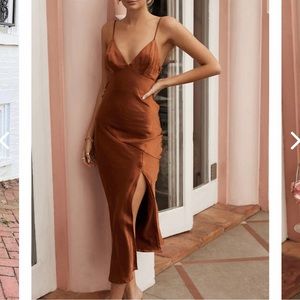 Rust Silk Skinny Strap Front Slit Midi Dress